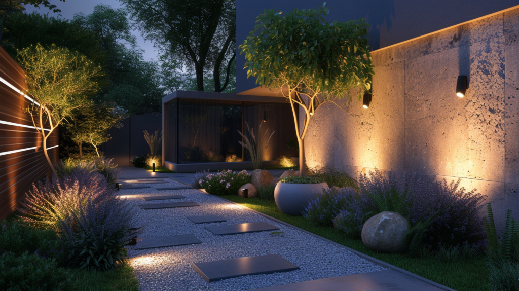 Beautiful yard with lights at night